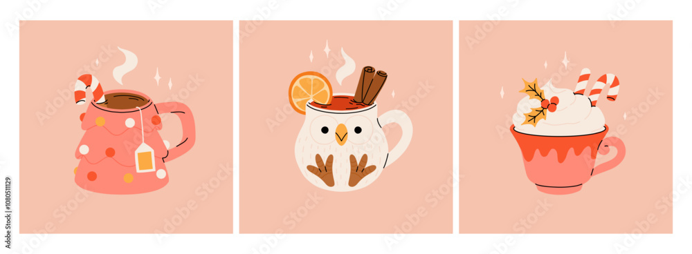Obraz premium Christmas hot drink collection. Flat cartoon beverages. Holiday cute mugs with hot cocoa, coffee, and mulled wine. New year drinks decorated with sweets and candy. Isolated vector illustration
