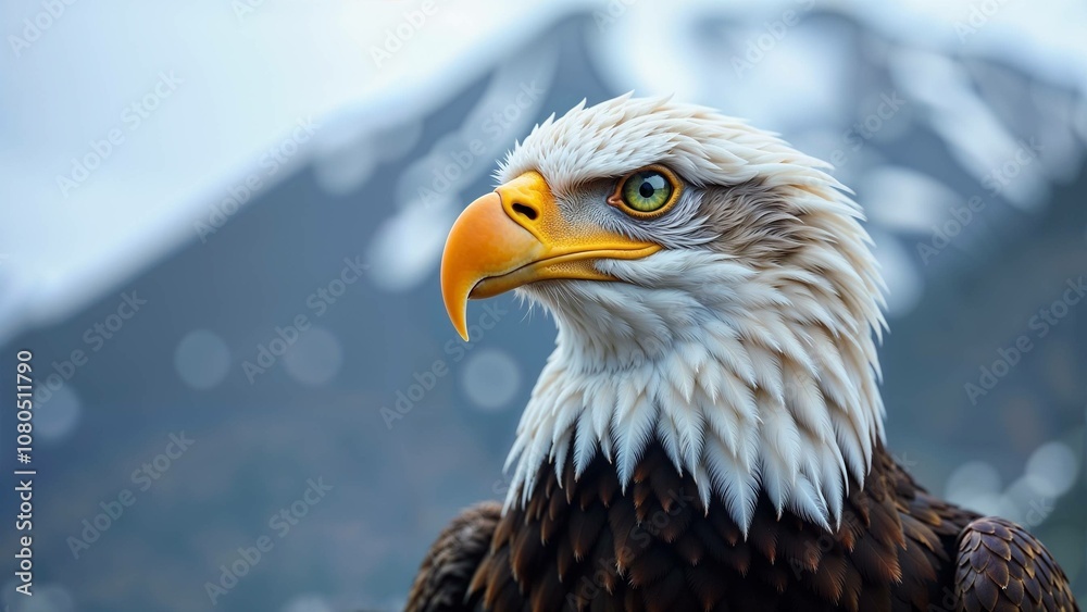 Fototapeta premium A majestic bald eagle perched against a misty mountain backdrop, showcasing its powerful beak and sharp gaze in the early morning light