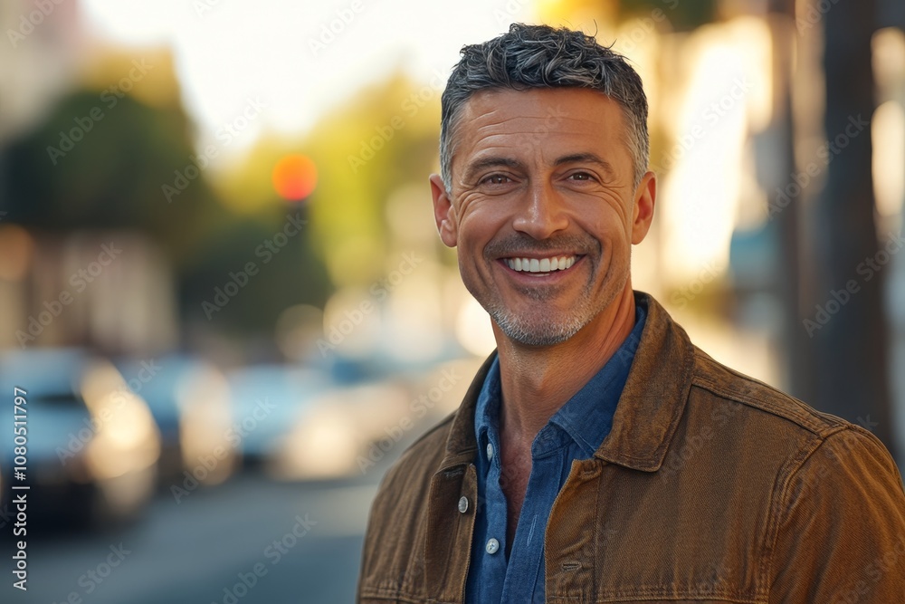 Charming man in casual attire smiling on a sunny los angeles street in his late thirties Charming man in casual attire smiling on a sunny los angeles street in his late thirties