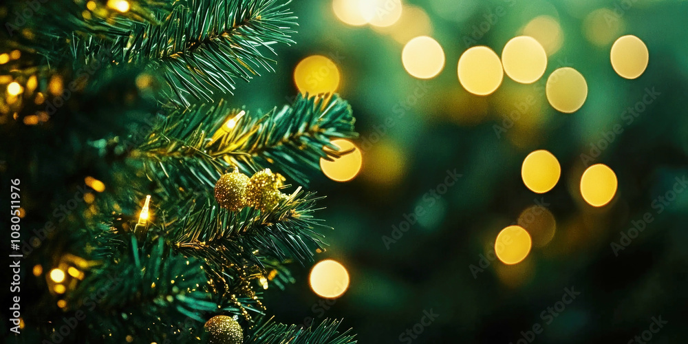 Beautiful golden light particles create a magical Christmas atmosphere on dark green foliage Beautiful golden light particles create a magical Christmas atmosphere on dark green foliage
