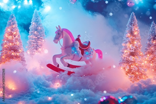 Glittering Rocking Horse in Snowy Winter Wonderland with Christmas Lights