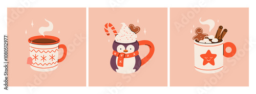 Christmas hot drink collection. Flat cartoon beverages. Holiday cute mugs with hot cocoa, coffee, and mulled wine. New year drinks decorated with sweets and candy. Isolated vector illustration