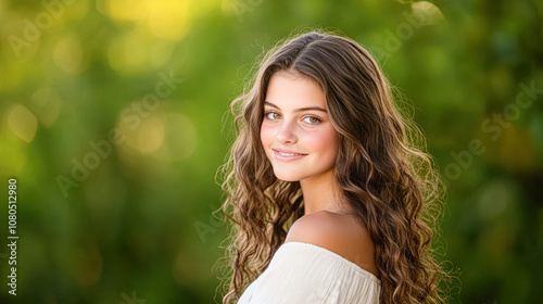 Young Woman Smiling Naturally Amidst Lush Greenery in a Portrait Photo