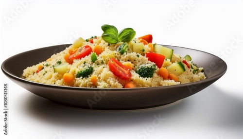 a serving of couscous with vegetables isolated on a white background highlighting a light and healthy grain dish