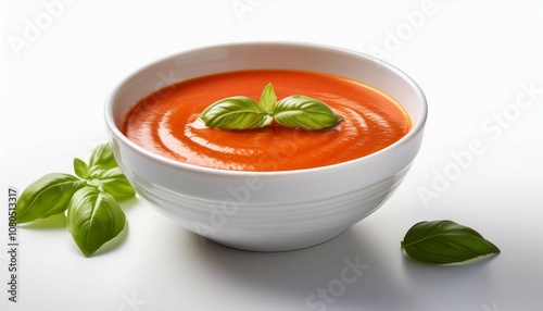 a small bowl of creamy tomato soup with basil garnish isolated on a white background showcasing a comforting dish