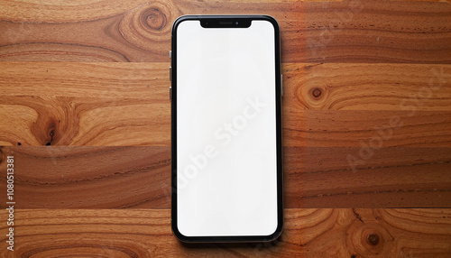 Realistic smartphone screen mockup on a wooden table. Smartphone with blank screen on wooden table background