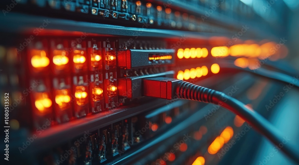 Close-up of a network cable plugged into a server in a data center. Close-up of a network cable plugged into a server in a data center.