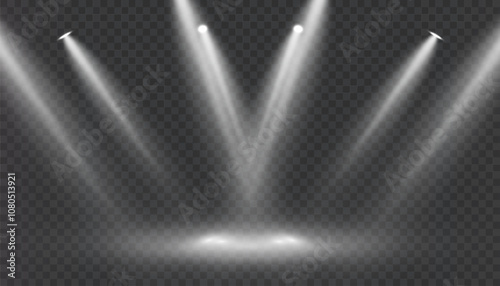 Light sources, concert lighting, stage spotlights. Spotlight beam with the effect of bright flickering light. Vector	