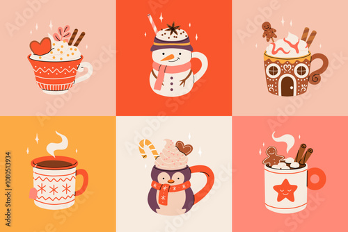 Christmas hot drink collection. Flat cartoon beverages. Holiday cute mugs with hot cocoa, coffee, and mulled wine. New year drinks decorated with sweets and candy. Isolated vector illustration