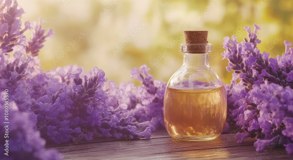 A glass bottle filled with lavender oil, surrounded by vibrant purple lavender flowers, set against a soft, blurred background. A glass bottle filled with lavender oil, surrounded by vibrant purple lavender flowers, set against a soft, blurred background.