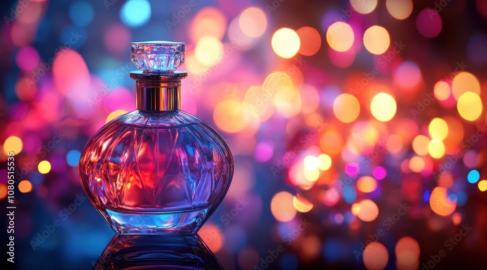 A beautifully designed perfume bottle sits elegantly, illuminated by vibrant, colorful bokeh lights, creating a dreamy and enchanting atmosphere. A beautifully designed perfume bottle sits elegantly, illuminated by vibrant, colorful bokeh lights, creating a dreamy and enchanting atmosphere.