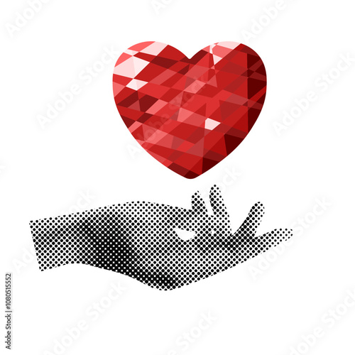 World Kindness Day template design. Low poly red heart with Halftone effect hand. Halftone Collage vector art. Valentine's day concept. EPS 10