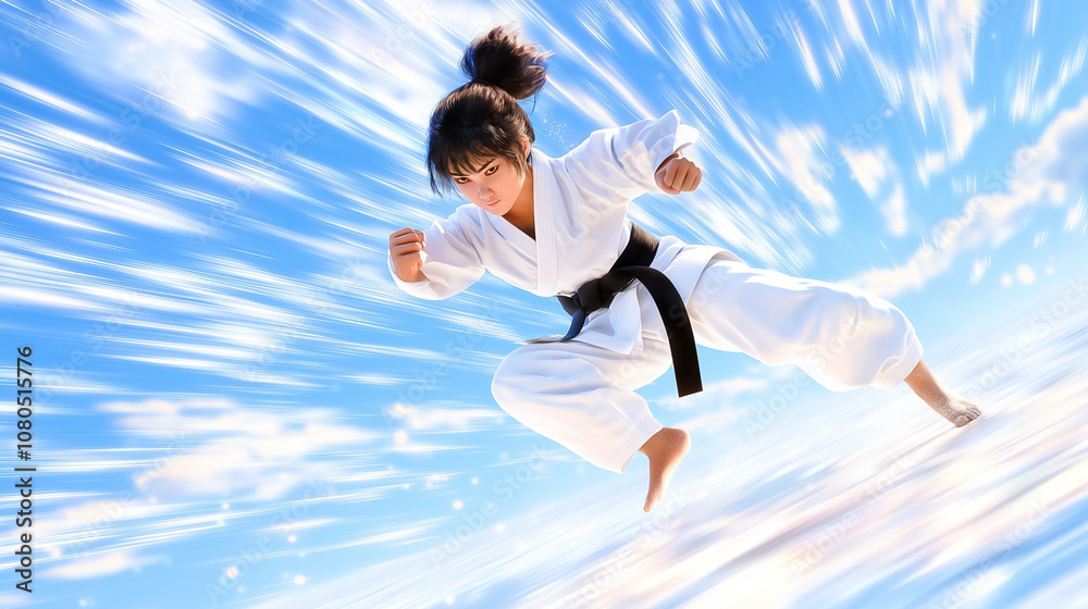 A young martial artist performs an impressive kick, showcasing skill and determination under a clear blue sky A young martial artist performs an impressive kick, showcasing skill and determination under a clear blue sky