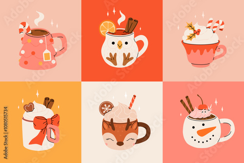 Christmas hot drink collection. Flat cartoon beverages. Holiday cute mugs with hot cocoa, coffee, and mulled wine. New year drinks decorated with sweets and candy. Isolated vector illustration