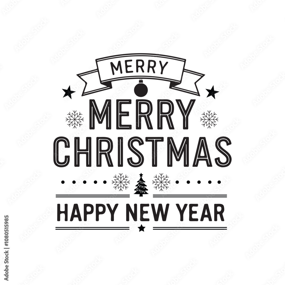 Minimalist Black and White Christmas and New Year Greeting Card Design with Bold Typography, Snowflake Icons, Christmas Tree Symbol, and Decorative Banner. Minimalist Black and White Christmas and New Year Greeting Card Design with Bold Typography, Snowflake Icons, Christmas Tree Symbol, and Decorative Banner.