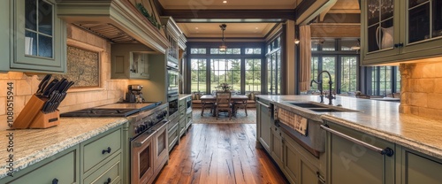 Rustic Kitchen with Granite Countertops and a View of the Outdoors