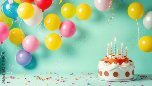 Celebrate in Style with a Vibrant Birthday Cake and Colorful Balloons, Perfect for Festive Parties and Joyful Occasions