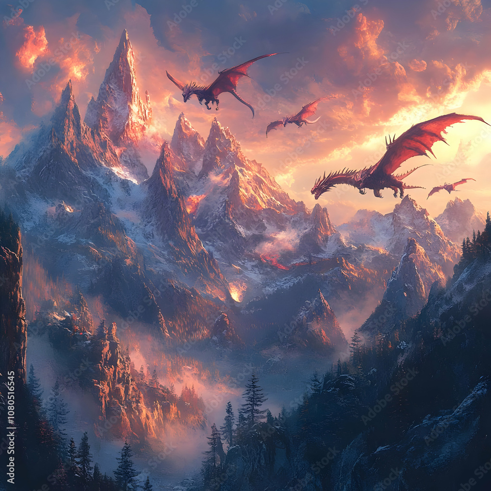 Fototapeta premium Illustration Dragons Soaring Over Volcanic Mountains at Sunset