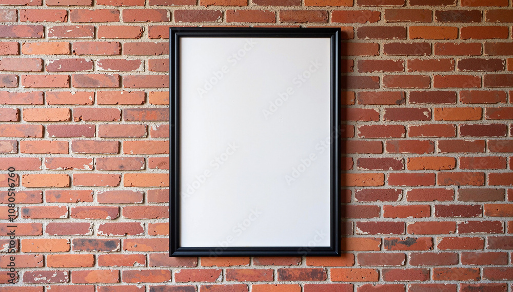 Poster mockup on brick wall. Blank framed poster on red brick wall in a cozy modern room.