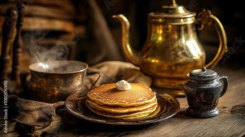 Delicious pancakes served with a vintage teapot and rustic decor