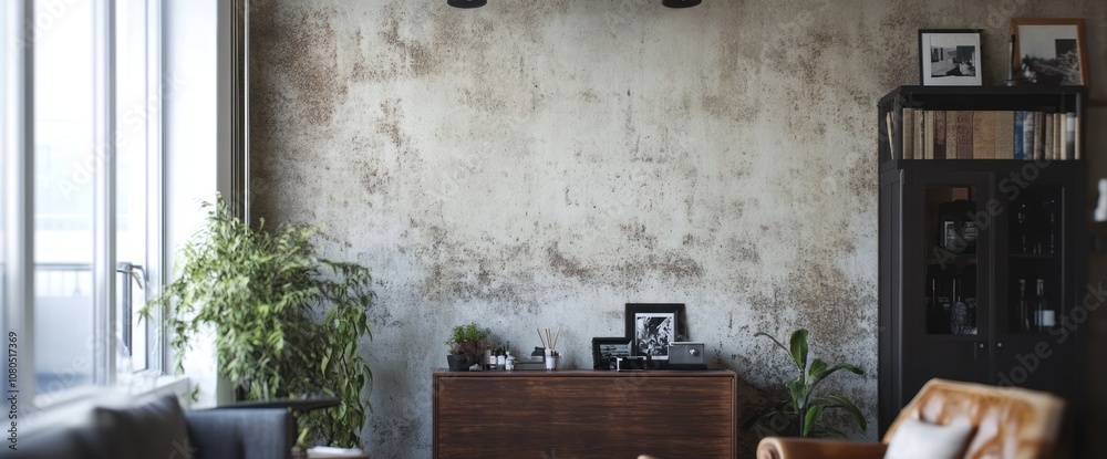 Fototapeta premium Rustic Living Room with Concrete Wall, Wooden Cabinet, and Plants