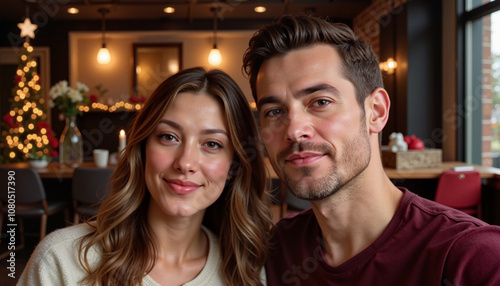 Couple setting up holiday lights at home. Smiling couple posing in a festive dining room with Christmas decor.