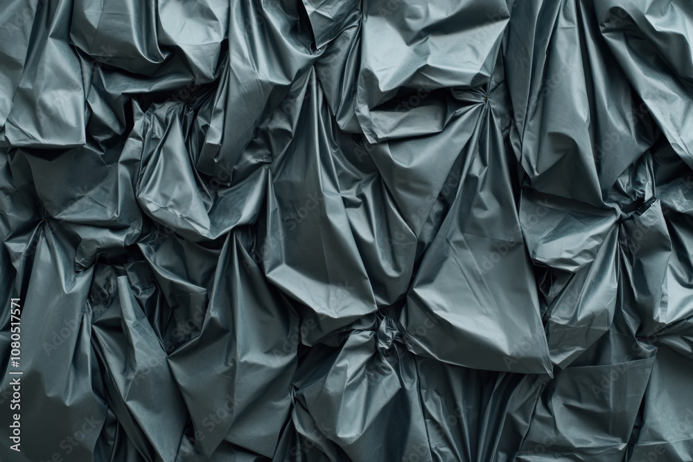 Eco-Friendly Black Trash Bag. A textured surface of crumpled dark green plastic, creating a visually interesting pattern with depth and shadow variations. Eco-Friendly Black Trash Bag. A textured surface of crumpled dark green plastic, creating a visually interesting pattern with depth and shadow variations.