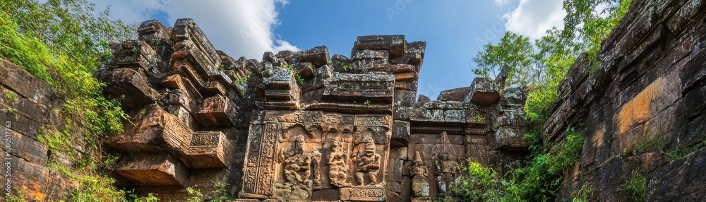 Naklejka premium Ancient stone carvings amidst lush greenery and ruins.