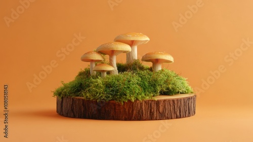 Colorful mushrooms growing on green moss atop a wooden base photo