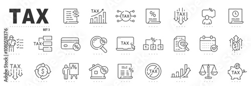 Set of tax related line icons. Payment, report, fee, percent etc. Editable stroke. Set 3