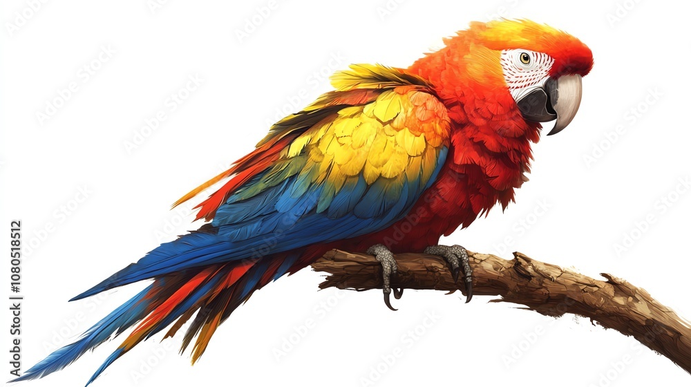 Obraz premium a 2D cartoon illustration of a parrot sitting on a branch, colorful and lively, white background--ar 16:9