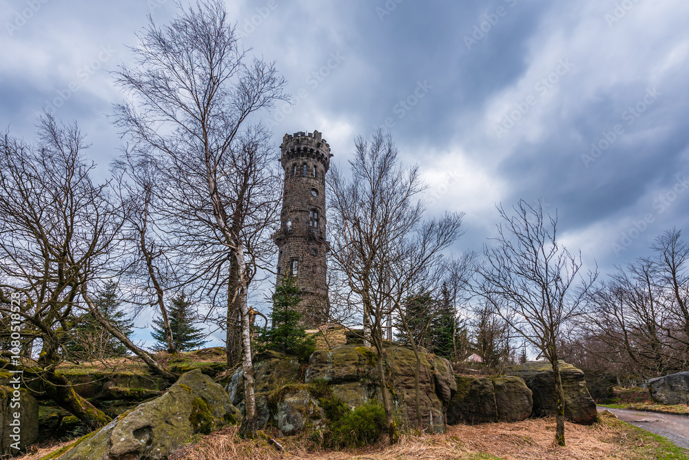 The observation tower on the Decinsky Sneznik mountain in Czechia in late autumn.