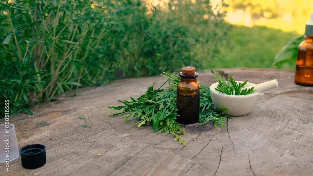 Juniper extract in a bottle. Selective focus. Juniper extract in a bottle. Selective focus.
