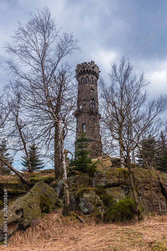 The observation tower on the Decinsky Sneznik mountain in Czechia in late autumn.