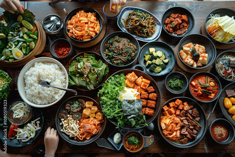 A diverse array of Korean cuisine is beautifully arranged on a wooden table, featuring rice, vegetables, and various meat dishes, inviting everyone to indulge in a hearty meal A diverse array of Korean cuisine is beautifully arranged on a wooden table, featuring rice, vegetables, and various meat dishes, inviting everyone to indulge in a hearty meal