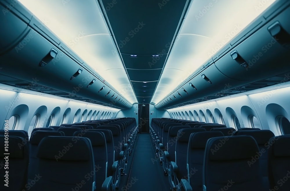 A photograph of the interior of an airplane, with rows of seats visible. A photograph of the interior of an airplane, with rows of seats visible.