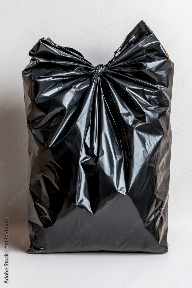 Eco-Friendly Black Trash Bag. A tied black trash bag stands upright against a plain background, ready for disposal, symbolizing waste management and environmental cleanliness. Eco-Friendly Black Trash Bag. A tied black trash bag stands upright against a plain background, ready for disposal, symbolizing waste management and environmental cleanliness.