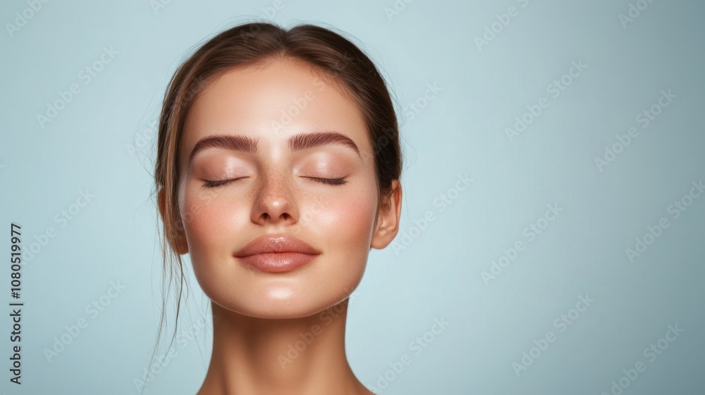 Woman with glowing skin poses serenely against a soft blue background Woman with glowing skin poses serenely against a soft blue background