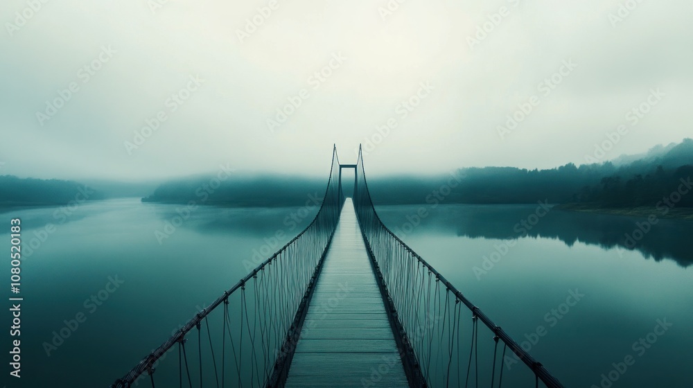 A serene suspension bridge over a calm lake, shrouded in mist and tranquility. A serene suspension bridge over a calm lake, shrouded in mist and tranquility.