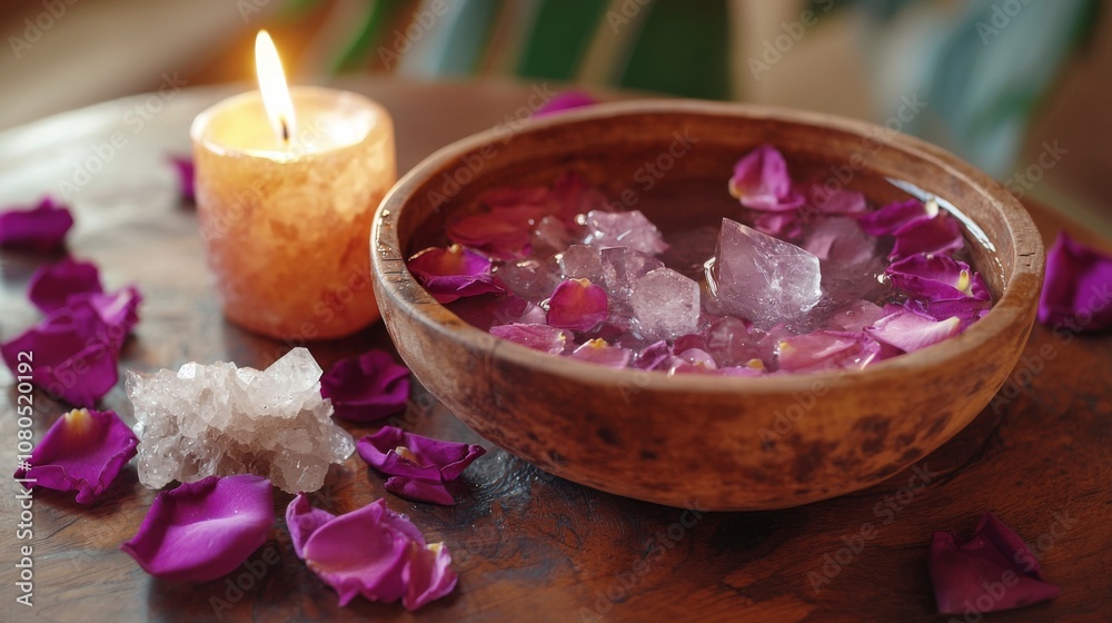 Altar with water rose petals crystals candle symbolizing purity Altar with water rose petals crystals candle symbolizing purity