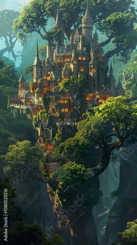 Fantasy elven city in the treetops, 4K illustration