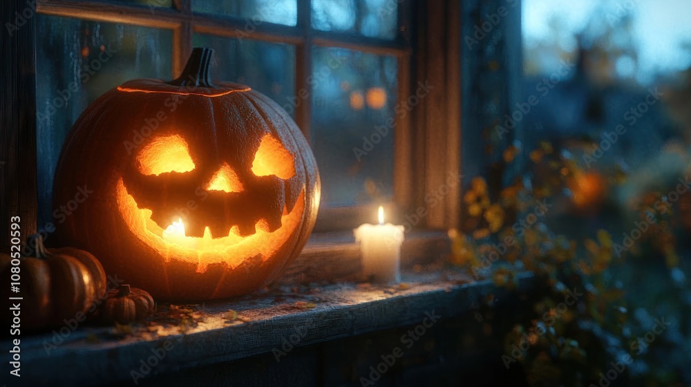 Fototapeta premium A glowing jack-o'-lantern on a windowsill, creating a cozy Halloween vibe.