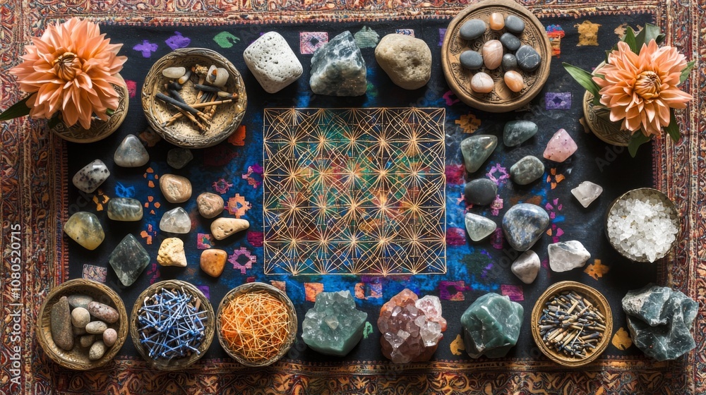 Harmonious crystal grid on sacred geometry cloth with stones Harmonious crystal grid on sacred geometry cloth with stones