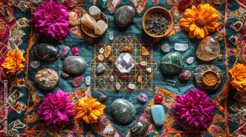 Wallpaper Mural Harmonious crystal grid on sacred geometry cloth with stones Torontodigital.ca