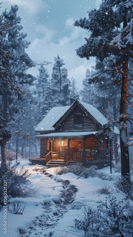 Cozy cabin in a snowy forest, 4K hyperrealistic photo Cozy cabin in a snowy forest, 4K hyperrealistic photo