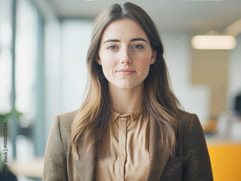 Professional woman exudes confidence in modern office setting with natural light