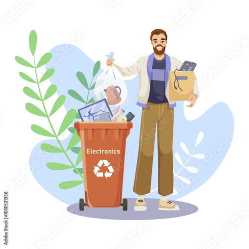 A man holding a bag and box near an electronics recycling bin. Vector illustration