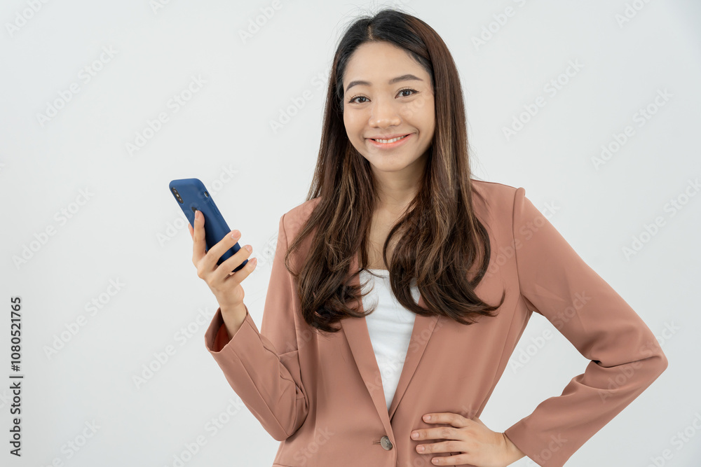 Asian beautiful woman exited surprise face expression . female feels shocked. exciting smile and happy adorable rejoices. Very enjoy and fun relax time. wow, girl holding smartphone. Smile.