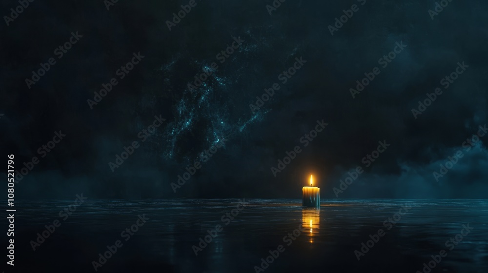 Obraz premium A single candle glows in a dark, reflective space, casting a warm light against a mysterious backdrop with hints of blue.