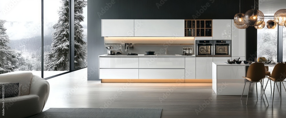 Modern Kitchen with White Cabinets, Island, and Pendant Lights Modern Kitchen with White Cabinets, Island, and Pendant Lights